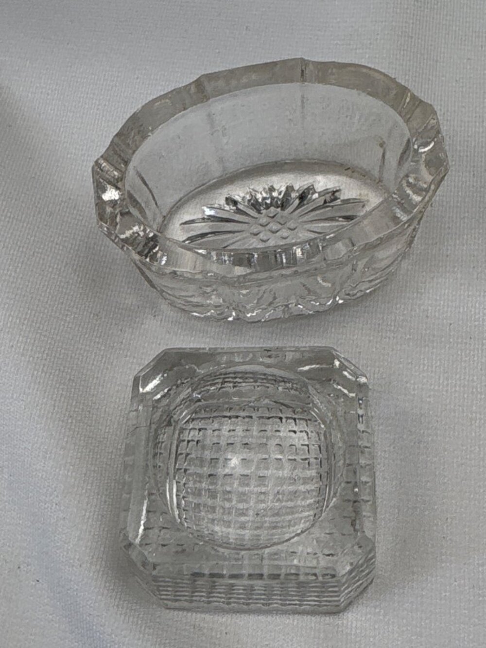Clear Glass Salt Cellars Set 2 Starburst & Grid Patterns Vintage
